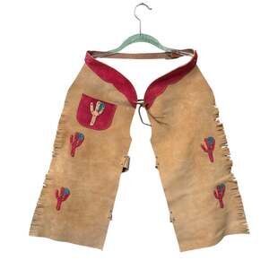 Sharp Leatherworks Chaps Kid Size M Suede Leather Faux Bark Fringe Cactus Studs